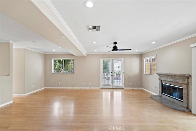 3919 W 242nd St Unit A, Torrance, CA 90505 - unfurnished living room with ornamental molding, a ceiling fan, light wood-style floors, a high end fireplace, and recessed lighting