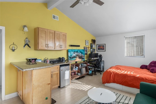259 62nd, Newport Beach, CA 92663 - bedroom with beamed ceiling, high vaulted ceiling, light wood-type flooring, and a ceiling fan