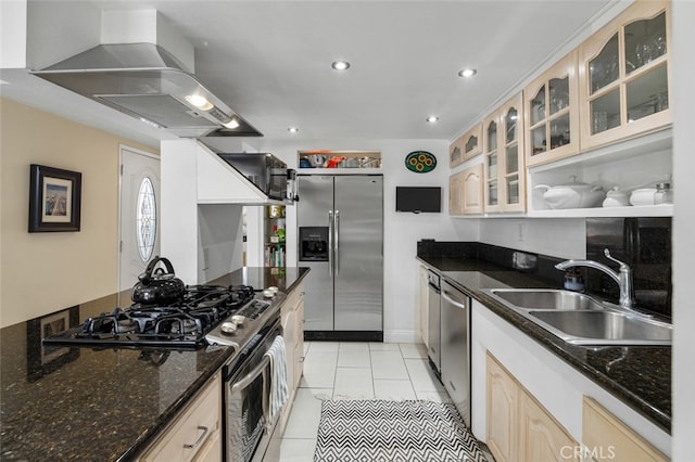 259 62nd, Newport Beach, CA 92663 - kitchen with stainless steel appliances, island exhaust hood, glass insert cabinets, light tile patterned flooring, and recessed lighting