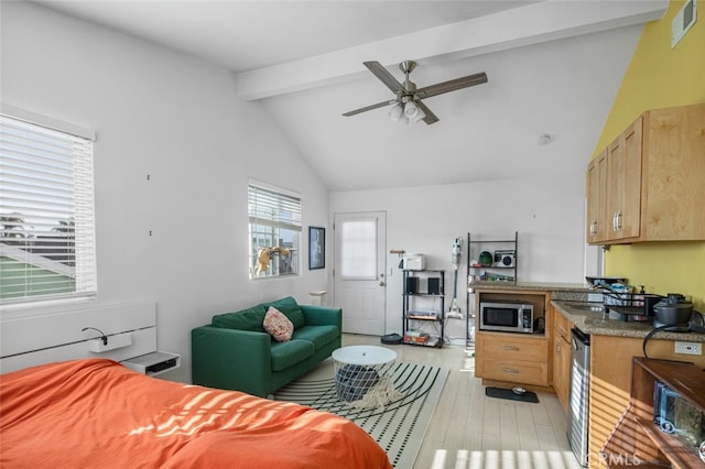 259 62nd, Newport Beach, CA 92663 - living area featuring beam ceiling, a ceiling fan, light wood finished floors, and high vaulted ceiling