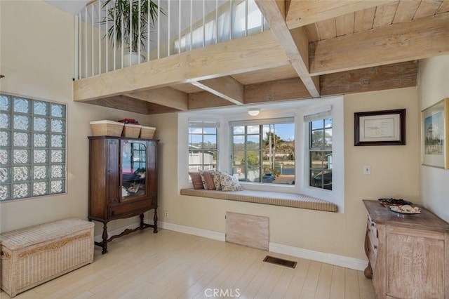 259 62nd, Newport Beach, CA 92663 - interior space featuring wood finished floors and beamed ceiling