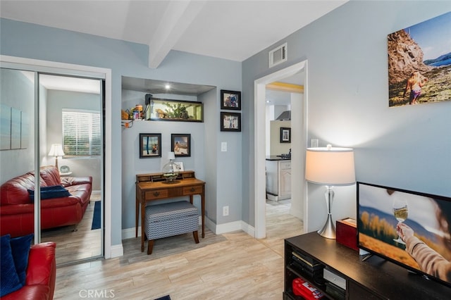 259 62nd, Newport Beach, CA 92663 - living area featuring light wood-style floors and beam ceiling