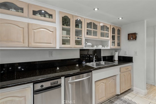 259 62nd, Newport Beach, CA 92663 - kitchen featuring dishwasher, light brown cabinetry, glass insert cabinets, dark stone counters, and recessed lighting