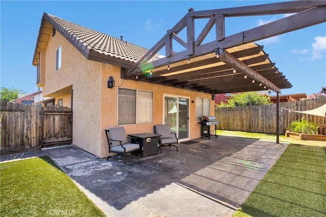 12178 Galaxy St, Victorville, CA 92392 - fenced backyard with area for grilling, a patio area, and a pergola