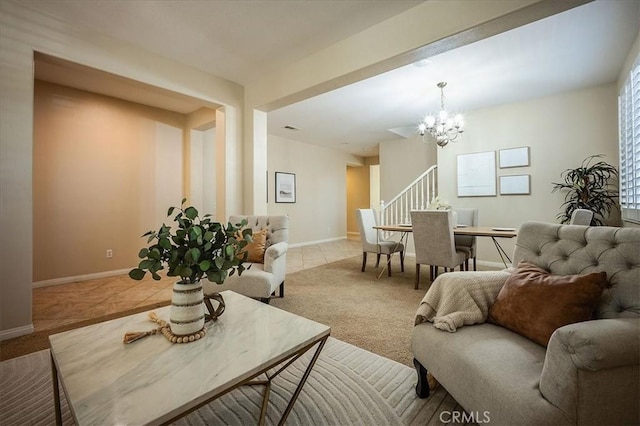 25217 Pacific Crest St, Corona, CA 92883 - carpeted living room with a chandelier and stairway
