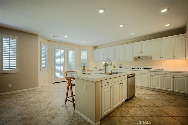 25217 Pacific Crest St, Corona, CA 92883 - kitchen featuring dishwasher, tile counters, light tile patterned floors, gas stovetop, and recessed lighting