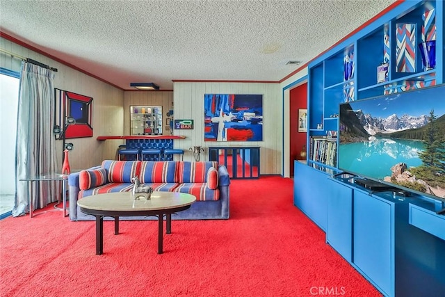 17313 Citronia St, Northridge, CA 91325 - living room featuring carpet floors, a textured ceiling, crown molding, and wooden walls