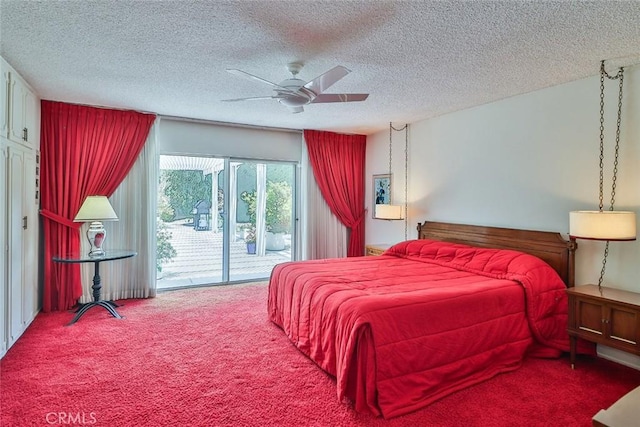 17313 Citronia St, Northridge, CA 91325 - bedroom with access to outside, carpet floors, a textured ceiling, and a ceiling fan