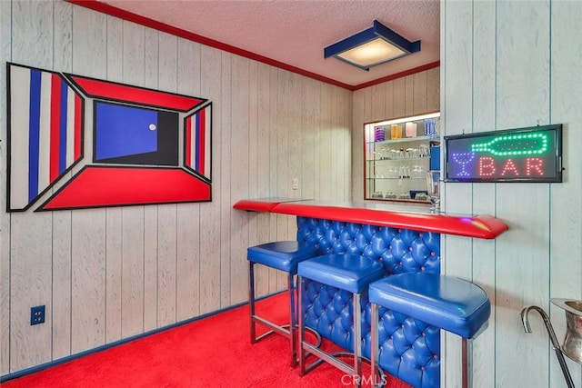 17313 Citronia St, Northridge, CA 91325 - indoor dry bar with ornamental molding, wood walls, a textured ceiling, and carpet
