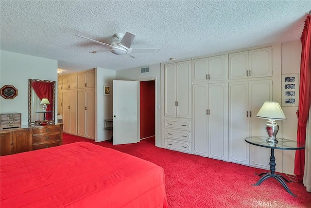 17313 Citronia St, Northridge, CA 91325 - bedroom with dark colored carpet, a textured ceiling, and a ceiling fan