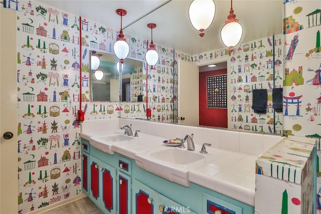 17313 Citronia St, Northridge, CA 91325 - full bathroom featuring wallpapered walls and double vanity