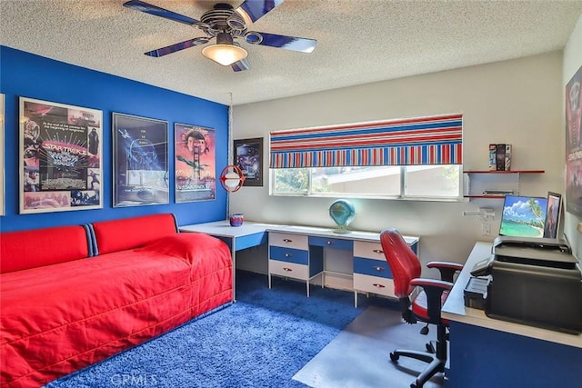 17313 Citronia St, Northridge, CA 91325 - carpeted bedroom with an office area, a textured ceiling, and ceiling fan