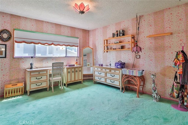 17313 Citronia St, Northridge, CA 91325 - office area with wallpapered walls, carpet, and a textured ceiling