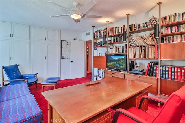 17313 Citronia St, Northridge, CA 91325 - office area with a textured ceiling, a ceiling fan, and dark colored carpet