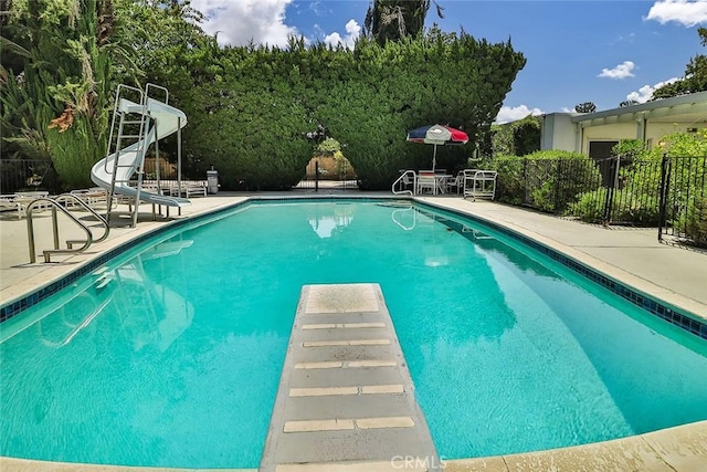 17313 Citronia St, Northridge, CA 91325 - view of swimming pool with a diving board, a patio, and a water slide