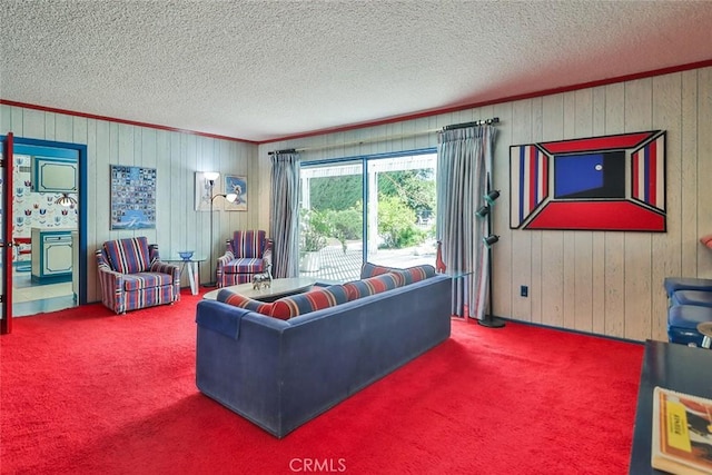 17313 Citronia St, Northridge, CA 91325 - carpeted living room with wood walls, ornamental molding, and a textured ceiling