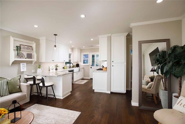 6541 Tokay Rd, Tujunga, CA 91042 - living area featuring recessed lighting, dark wood-style flooring, and crown molding