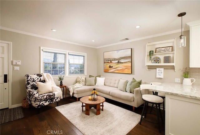 6541 Tokay Rd, Tujunga, CA 91042 - living area with dark wood-type flooring, ornamental molding, and recessed lighting