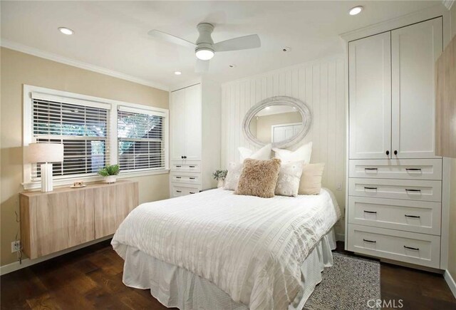6541 Tokay Rd, Tujunga, CA 91042 - bedroom featuring dark wood-type flooring, ornamental molding, a ceiling fan, and recessed lighting