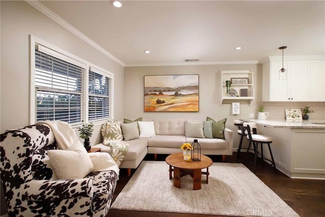 6541 Tokay Rd, Tujunga, CA 91042 - living area featuring dark wood finished floors, ornamental molding, and recessed lighting