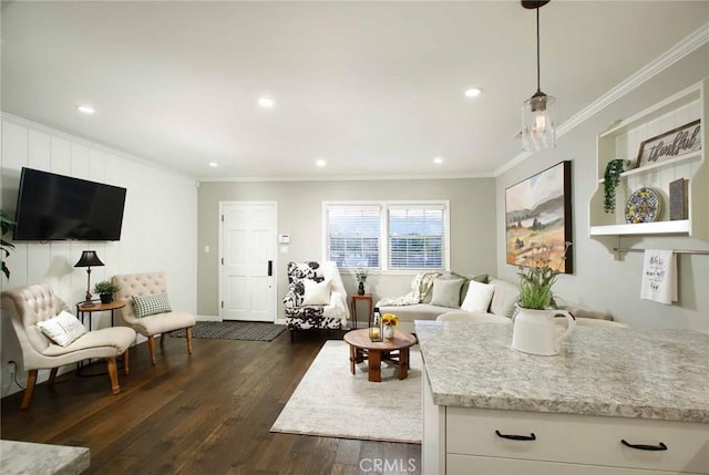 6541 Tokay Rd, Tujunga, CA 91042 - living room featuring ornamental molding, dark wood finished floors, and recessed lighting