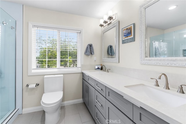 1161 Ravencrest Rd, North Tustin, CA 92705 - full bath featuring a baseboard radiator, double vanity, an enclosed shower, and tile patterned flooring