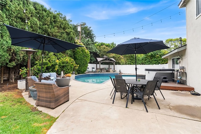 1161 Ravencrest Rd, North Tustin, CA 92705 - view of pool with a hot tub, a patio area, a fenced backyard, outdoor dining area, and outdoor lounge area