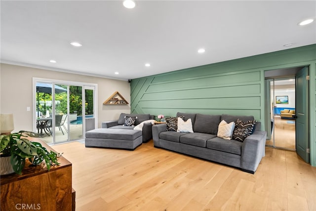 1161 Ravencrest Rd, North Tustin, CA 92705 - living area featuring recessed lighting, light wood finished floors, and ornamental molding