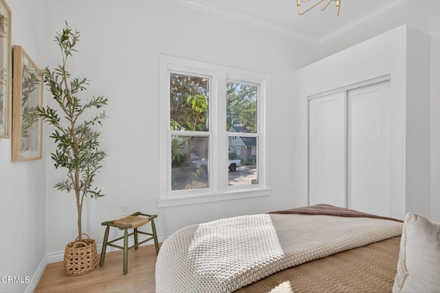 221 N 7th St, Santa Paula, CA 93060 - bedroom with light wood-type flooring, crown molding, a chandelier, and a closet