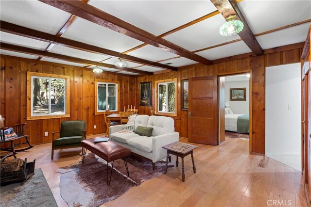 27917 Squirrel Ln, Lake Arrowhead, CA 92352 - living area with beam ceiling, wooden walls, coffered ceiling, and light wood-type flooring