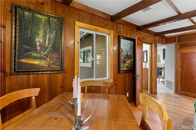 27917 Squirrel Ln, Lake Arrowhead, CA 92352 - dining area featuring wooden walls, beam ceiling, and wood finished floors