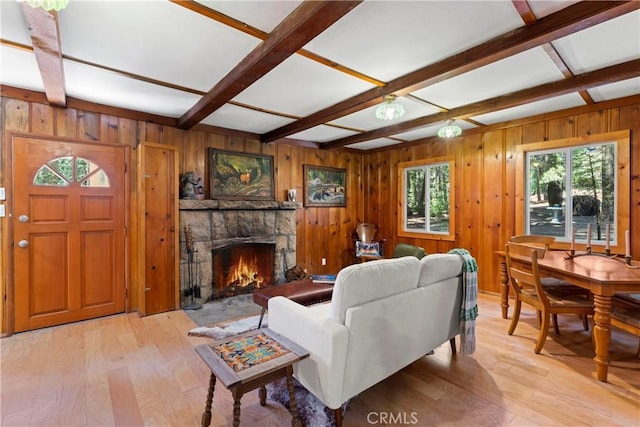 27917 Squirrel Ln, Lake Arrowhead, CA 92352 - living room featuring light wood finished floors, beamed ceiling, a fireplace, and wooden walls