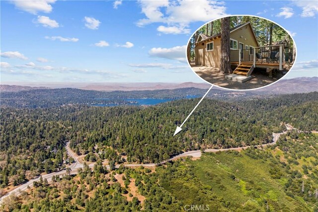 27917 Squirrel Ln, Lake Arrowhead, CA 92352 - aerial view of property and surrounding area with a forest and a mountain backdrop