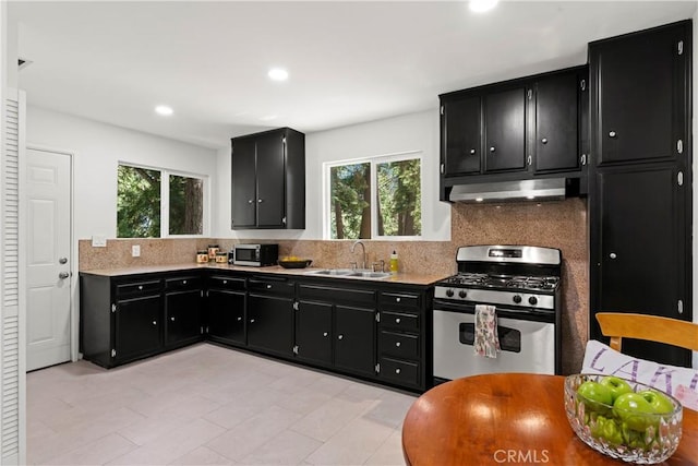 27917 Squirrel Ln, Lake Arrowhead, CA 92352 - kitchen with dark cabinetry, appliances with stainless steel finishes, under cabinet range hood, decorative backsplash, and plenty of natural light