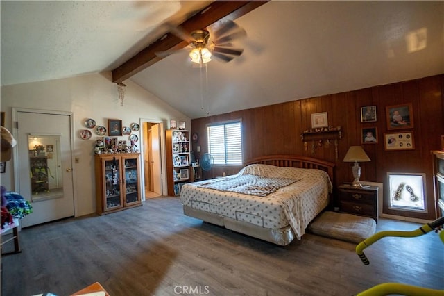 22731 Bryman Rd, Oro Grande, CA 92368 - bedroom featuring wood finished floors, ceiling fan, and wood walls