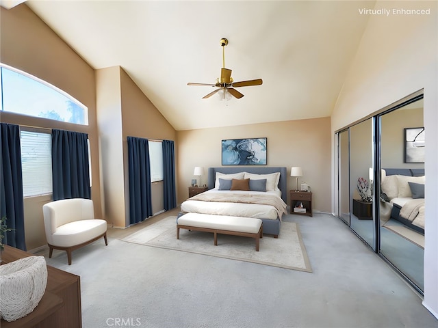 17346 Cold Spring Cir, Riverside, CA 92503 - bedroom with high vaulted ceiling, light carpet, a closet, and a ceiling fan