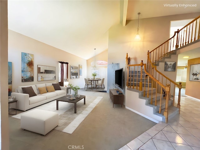 17346 Cold Spring Cir, Riverside, CA 92503 - living room featuring high vaulted ceiling, stairs, carpet floors, and beamed ceiling
