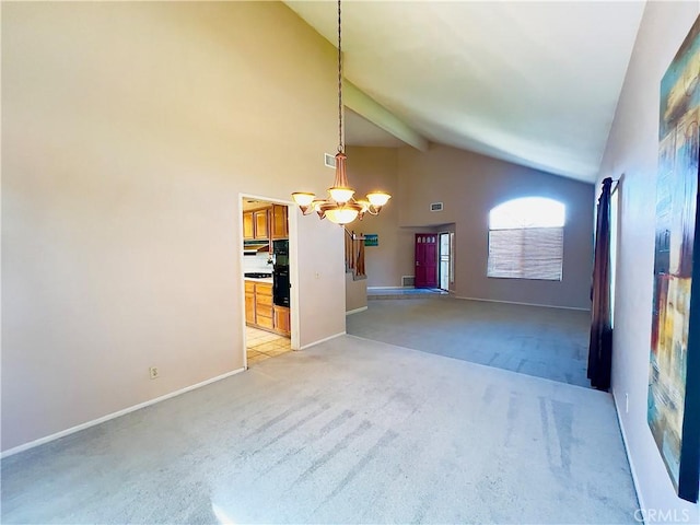 17346 Cold Spring Cir, Riverside, CA 92503 - unfurnished living room with a chandelier, light colored carpet, beam ceiling, and high vaulted ceiling