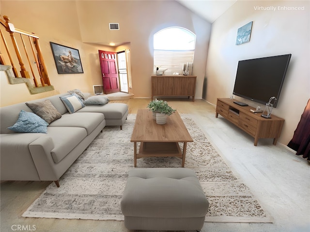 17346 Cold Spring Cir, Riverside, CA 92503 - living area featuring stairs and high vaulted ceiling