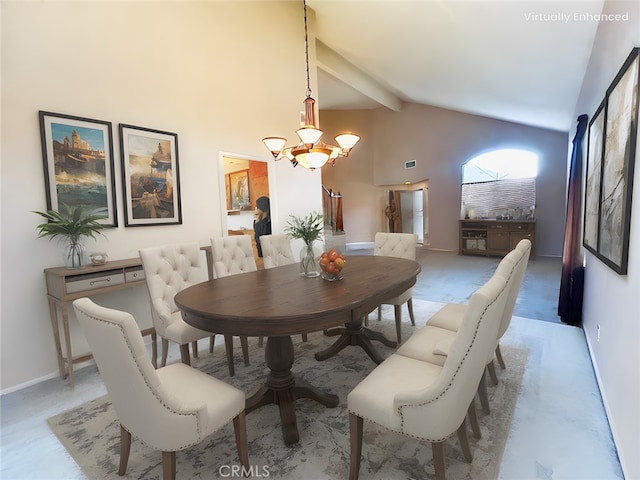 17346 Cold Spring Cir, Riverside, CA 92503 - dining area with a chandelier, beamed ceiling, and high vaulted ceiling