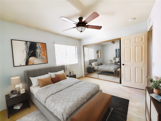 17346 Cold Spring Cir, Riverside, CA 92503 - bedroom featuring a closet, light colored carpet, and a ceiling fan