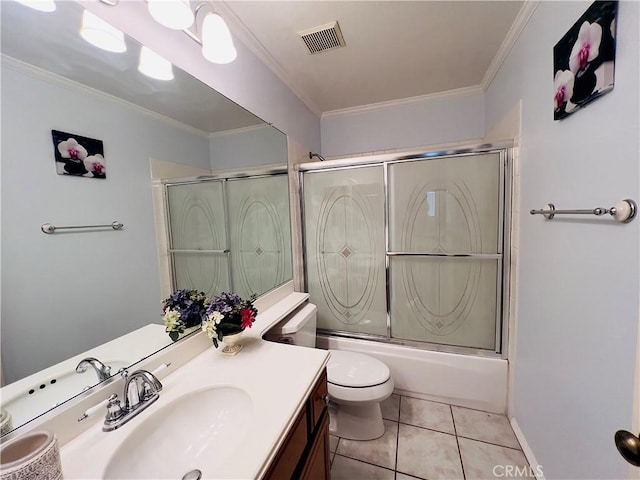 17346 Cold Spring Cir, Riverside, CA 92503 - full bath featuring vanity, tile patterned floors, shower / bath combination with glass door, and crown molding