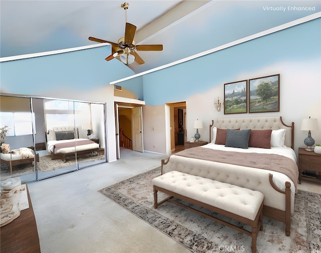 17346 Cold Spring Cir, Riverside, CA 92503 - bedroom with carpet floors, high vaulted ceiling, two closets, and ceiling fan
