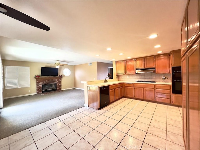 17346 Cold Spring Cir, Riverside, CA 92503 - kitchen featuring black appliances, under cabinet range hood, light carpet, light countertops, and a ceiling fan
