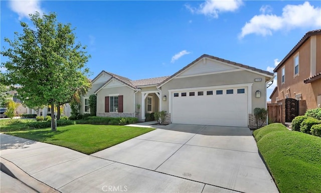 27843 Huron Ct, Menifee, CA 92585 - single story home with stone siding, a garage, concrete driveway, a tiled roof, and stucco siding
