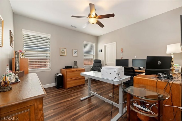27843 Huron Ct, Menifee, CA 92585 - office with dark wood-style floors and a ceiling fan