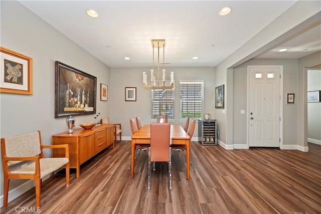 27843 Huron Ct, Menifee, CA 92585 - dining space featuring wine cooler, wood finished floors, and recessed lighting