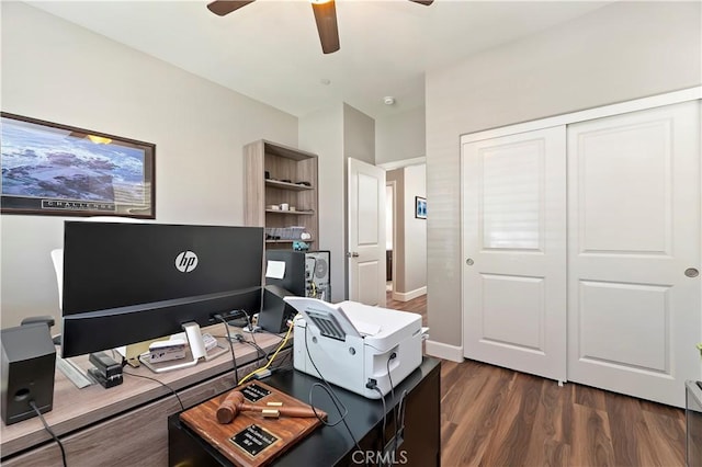 27843 Huron Ct, Menifee, CA 92585 - office space featuring a ceiling fan and dark wood-style floors