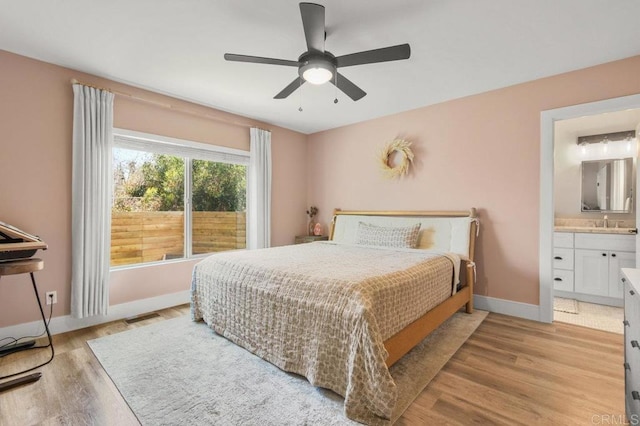 3585 Redwood St, San Diego, CA 92104 - bedroom featuring light wood finished floors, ensuite bathroom, and ceiling fan
