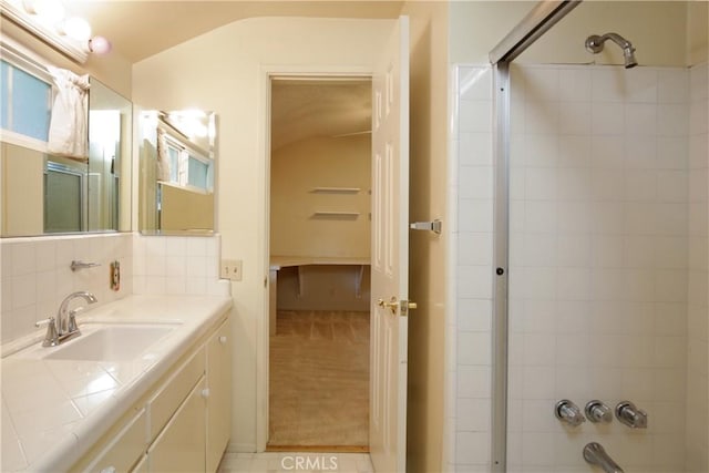 13924 2nd St, Whittier, CA 90605 - bathroom featuring vaulted ceiling and vanity